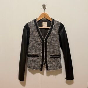 Rebecca Taylor Black Tweed, Leather Sleeved Jacket